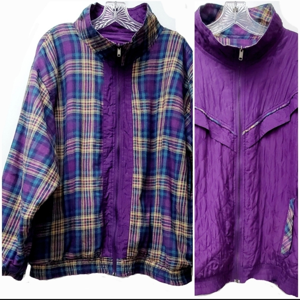 Vintage Mureli Reversible 100% Silk Purple And 100% Cotton Plaid Jacket Size XL